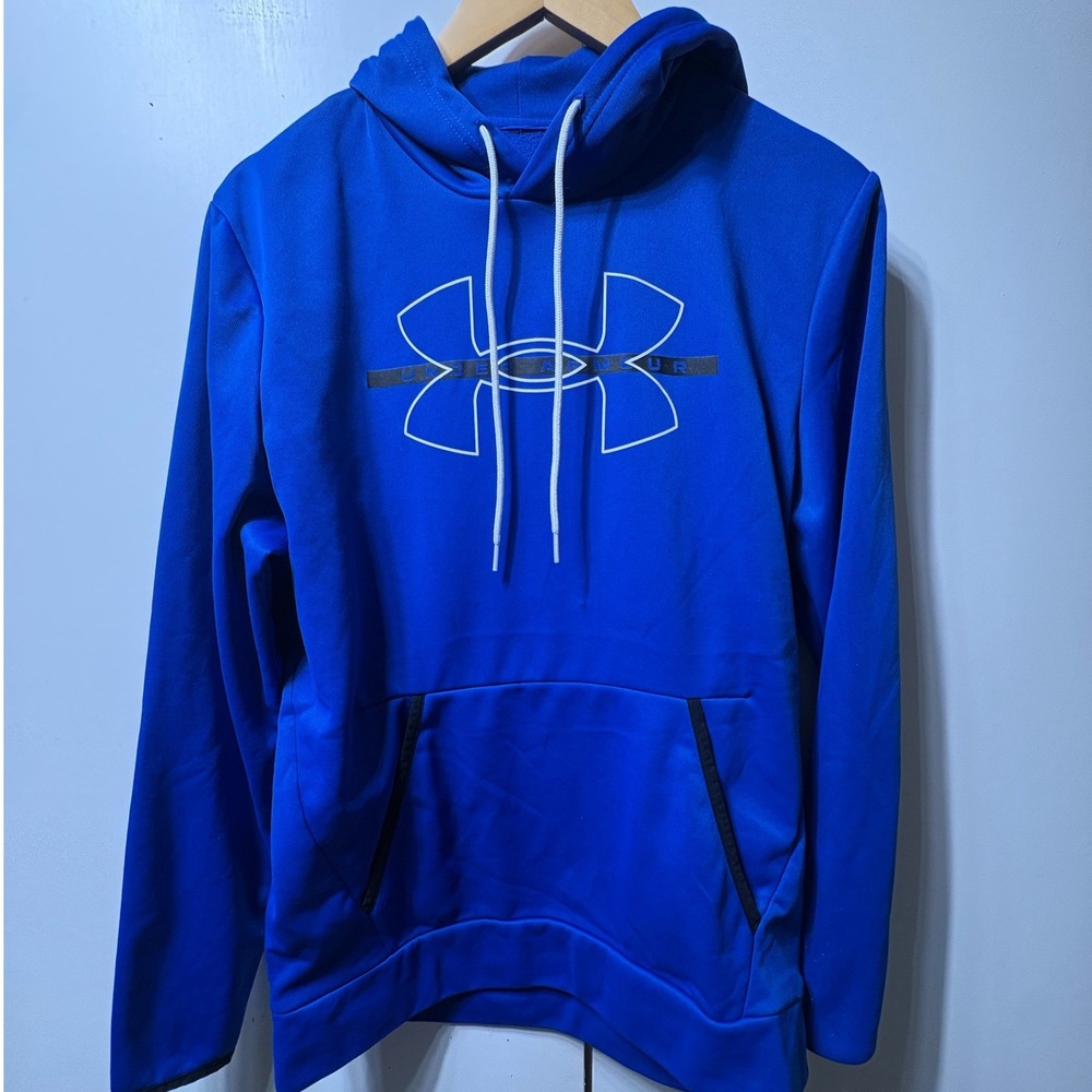 Under Armour Loose Pullover Hoodie Mens Medium Blue Graphic Logo Sweatshirt